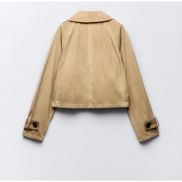 NWT Zara Garment Dye Faux Suede Short Double Breasted Cropped Trench Style Coat - Picture 11 of 16
